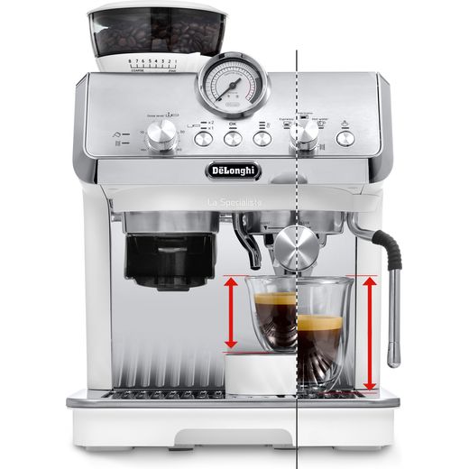 De'Longhi La Specialista Arte EC9155.W Bean to Cup Coffee Machine - White - Arrows showing cup size can have shot